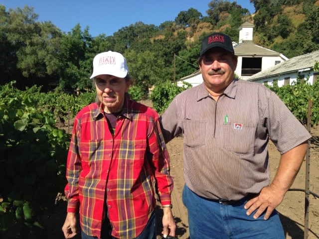 Norma Pagani Amantite, and her son, Dino Amantite, in Biale hats standing in a row of vineyard with white building in background at Robert Biale Pagani Ranch Vineyard property.in Biale hats standing in a row of vineyard with white building in background at Robert Biale Pagani Ranch Vineyard property.