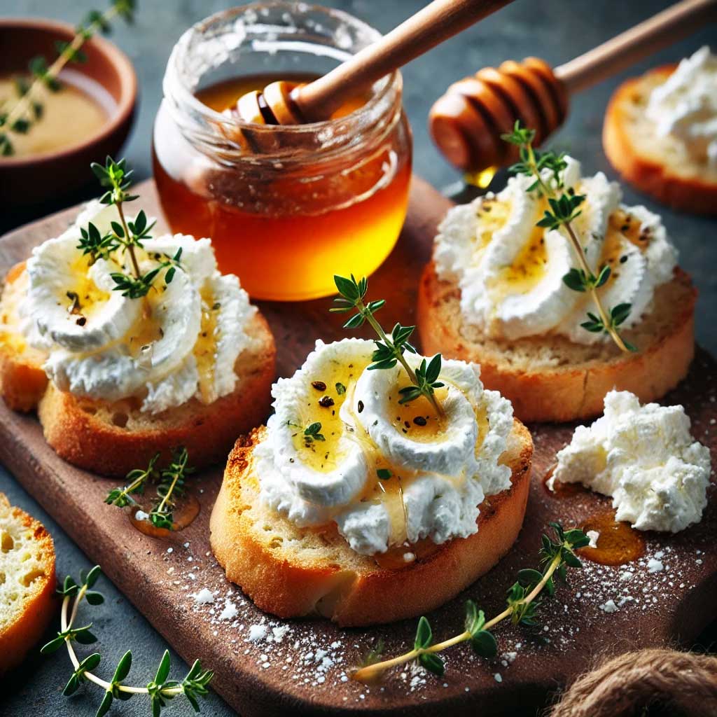 whipped ricotta on crostini with drizzles of honey and sprinkle of thyme