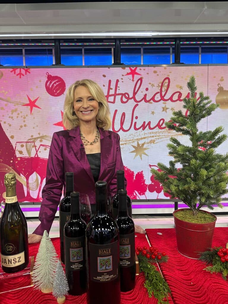 Leslie Sbrocco stands with Biale wines on the set of The Today Show